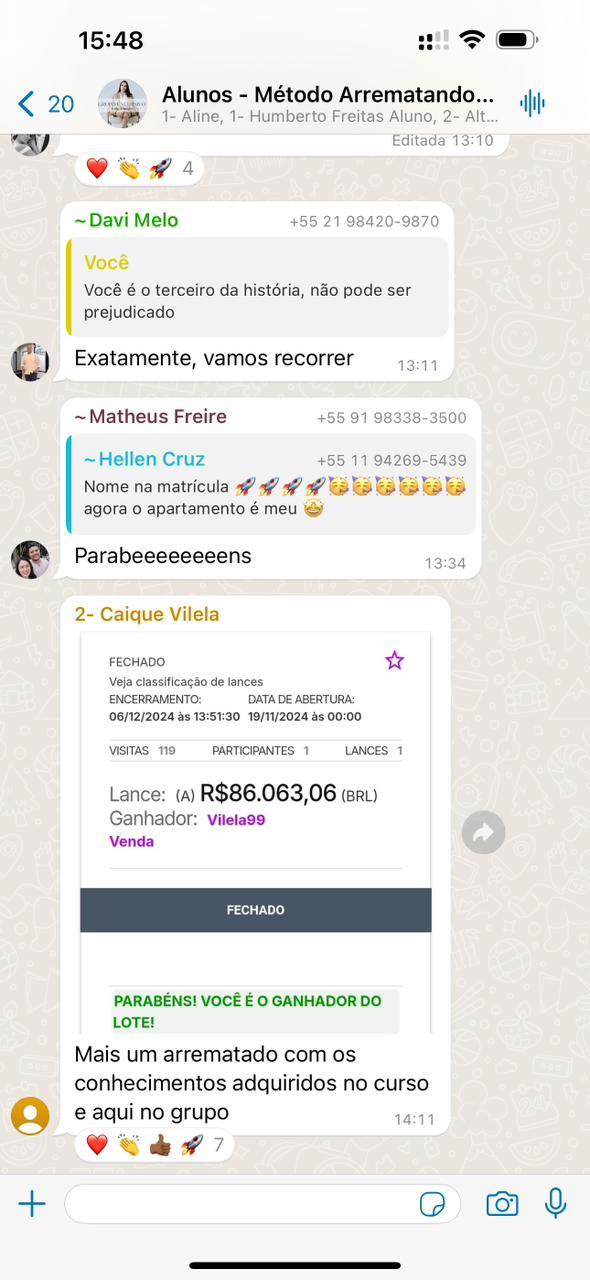 Depoimento real de aluno 3 no grupo de WhatsApp do Método Arrematando do Zero